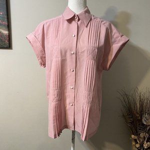 Vintage Lee Mar Pageant Cap Sleeve Button Down Pink Blouse Pleated Front Size 12